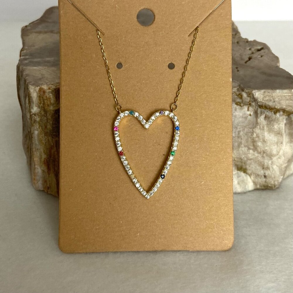 Gold Vermeil Sterling Silver 925 Open Heart Rainbow Pave Pendant Necklace 16-18"